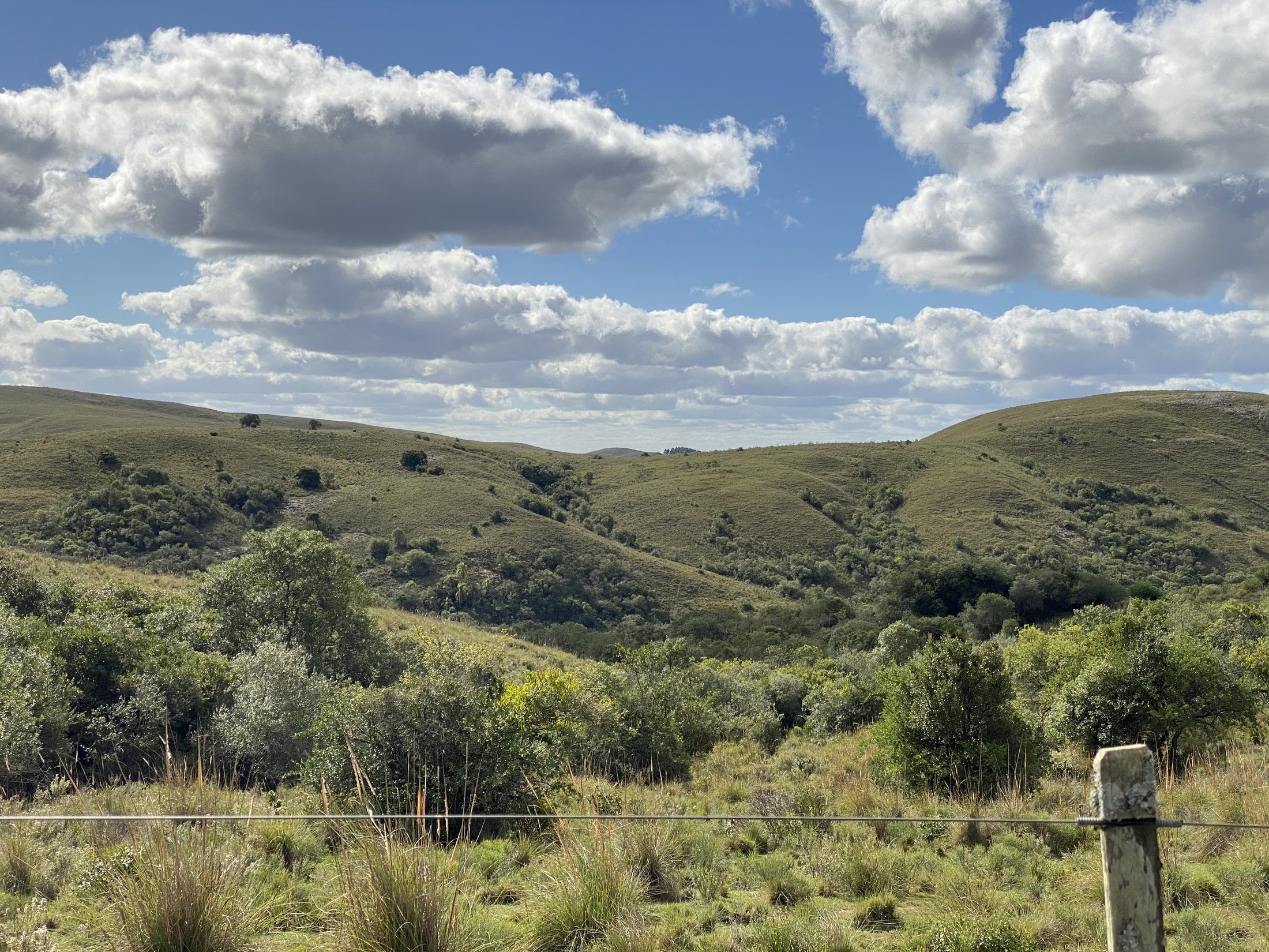 Praderas onduladas y pastizales bajo un cielo con nubes