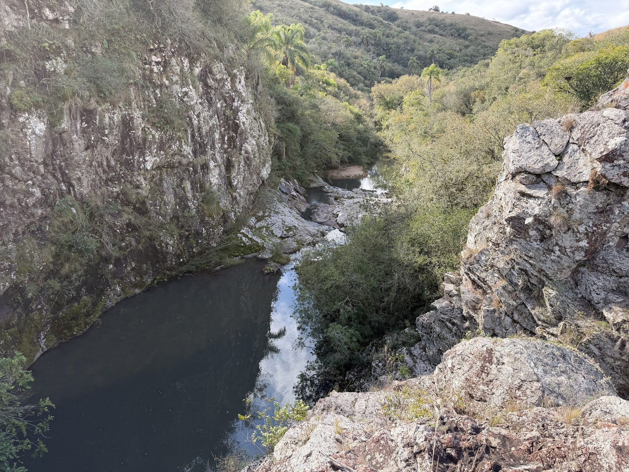 Quebrada rocosa con agua y vegetación de monte